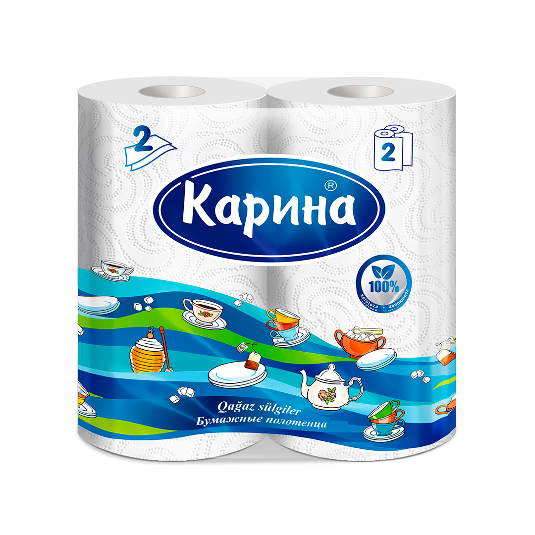Полотенца бумажные Карина, 2-х слойные, 2 рулона в упаковке, белые / Полотенца бытовые
